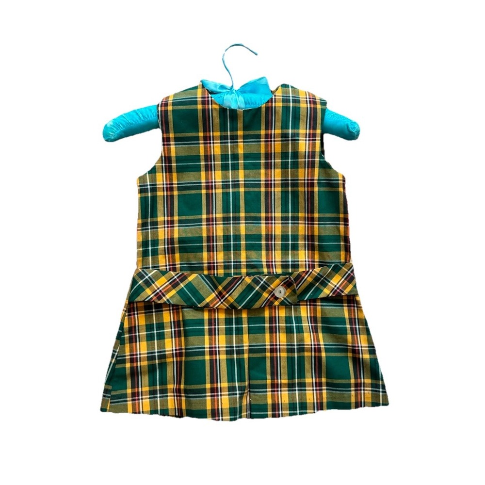 VTG 60s 70s Girls Plaid Dress Pleated Green Yellow Sears Permaprest EUC Size 5